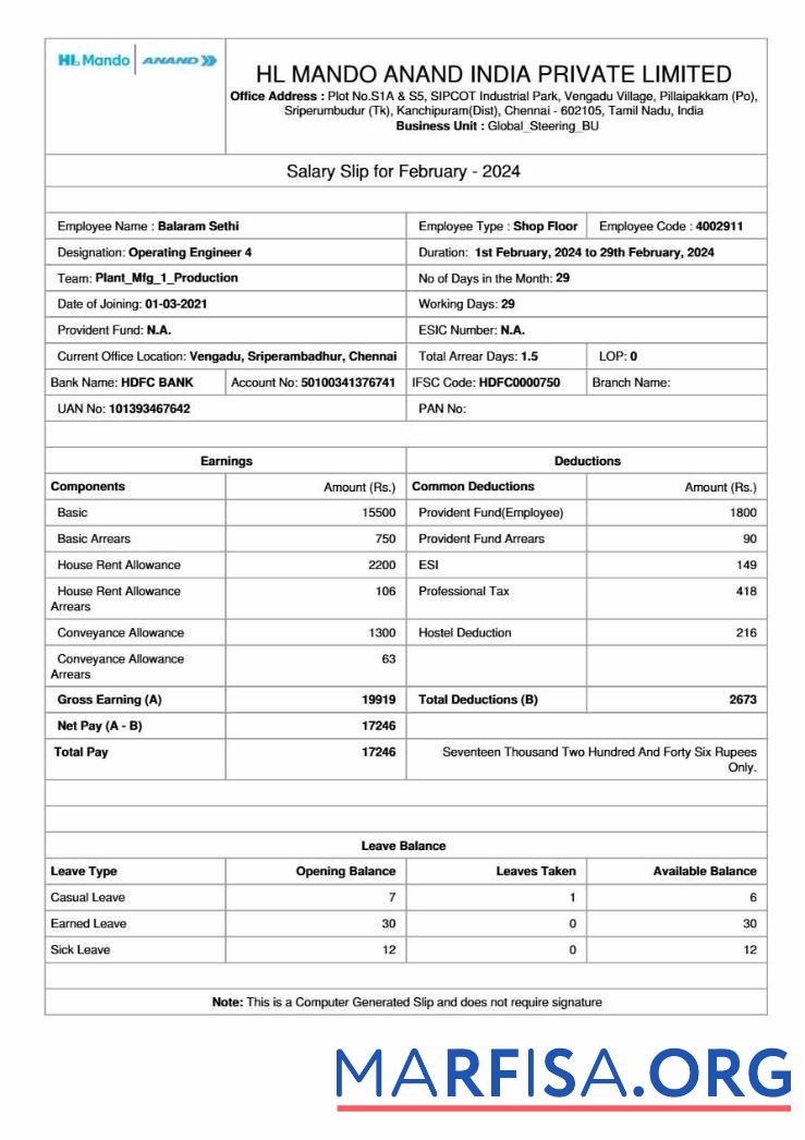 Downloadable HL Mando Anand India manufacturer salary slip sample